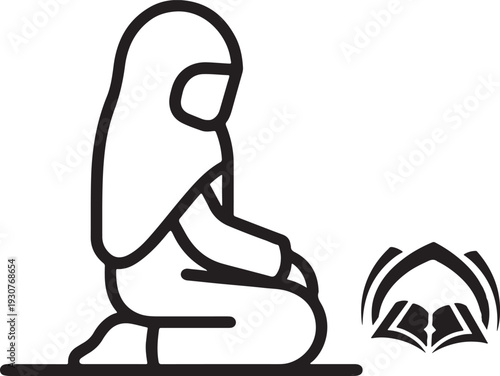 Minimalist Line Art Icon of a Muslim Woman Praying with the Quran and Arch Symbol