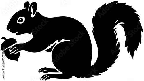 Black silhouette illustration of a squirrel holding an acorn, a common woodland rodent and symbol of nature.