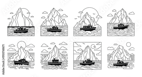 Line art illustration depicting boats sailing near mountainous landscapes