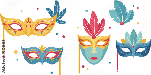 Colorful mardi gras masquerade masks with feathers on sticks for carnival celebrations