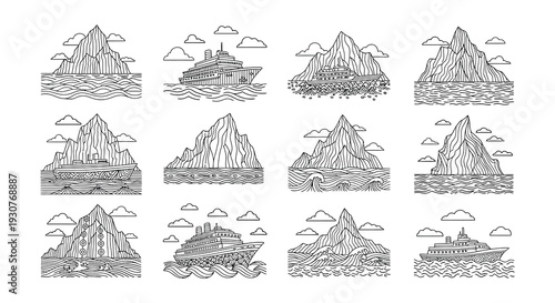 Line art illustration depicting boats sailing near mountainous landscapes