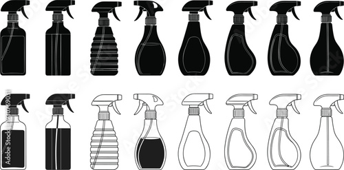 Set of Plastic Spray Bottle Silhouettes and Line Art Outlines for Cleaning Products Hair Care Gardening and Sanitizing Liquid Container Design