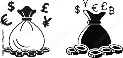 Money Bag with Currency Symbols Line Art Vector