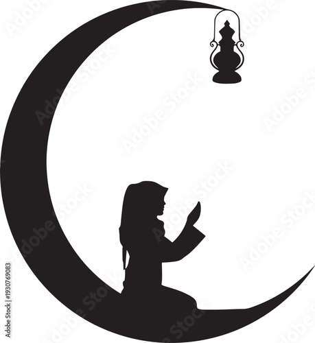 Muslim Woman Praying Silhouette with Crescent Moon and Lantern - Ramadan Kareem Concept