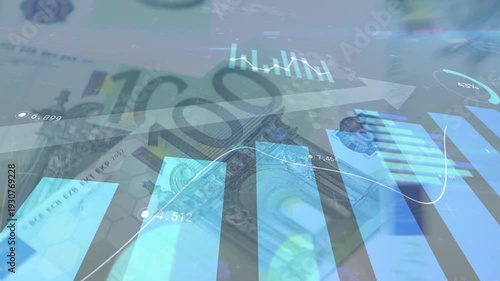 Camera panning starting blue bars animating trend line tracing 100€ notes fading showing money link