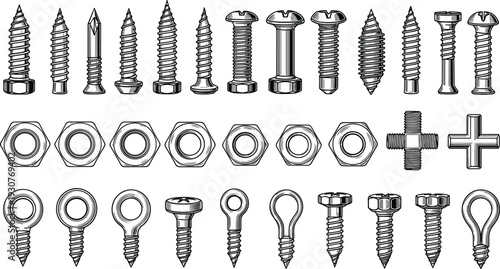 Set of Vintage Hardware Tool Illustrations Including Screws Bolts Nuts and Eye Hooks Isolated on White Background for DIY Construction Concept