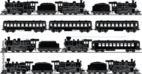 Set of Vintage Steam Locomotive Train Silhouettes with Passenger Wagons and Antique Engines Isolated on White Background for Retro Railway Transportation Concept