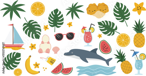Colorful tropical summer icons including fruit palm trees and sea creatures