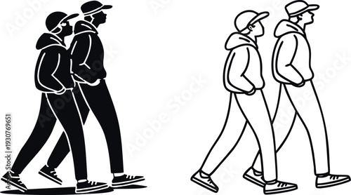 Minimalist Illustration of Paired Walking Figures in Silhouette and Line Art