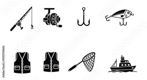 Black silhouette icons depicting fishing equipment a fish and boating