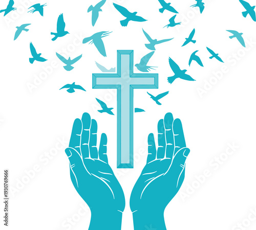 Teal Silhouette of Human Hands Praying Under a Christian Cross with Flying Birds Symbols of Peace Hope Faith and Freedom