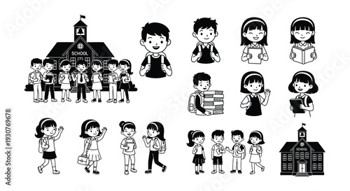 Back to school themed illustration with children building and supplies