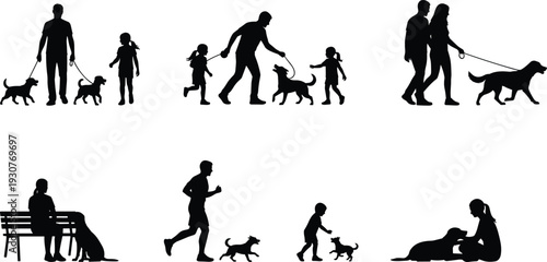 Black silhouettes of people walking and playing with dogs 1