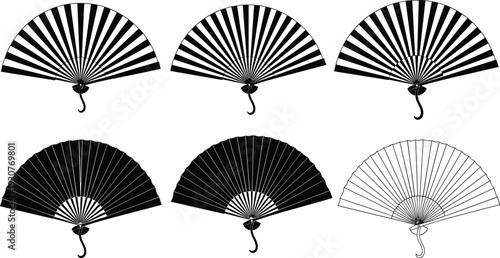 Traditional hand fan silhouettes, cultural design illustration, decorative folding fans vector set, Asian art clipart, vintage accessory icons, fashion decor