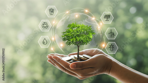 Nurturing a Sustainable Future Hands Holding Tree Growing from Coins, Surrounded by Eco-Friendly Energy Symbols