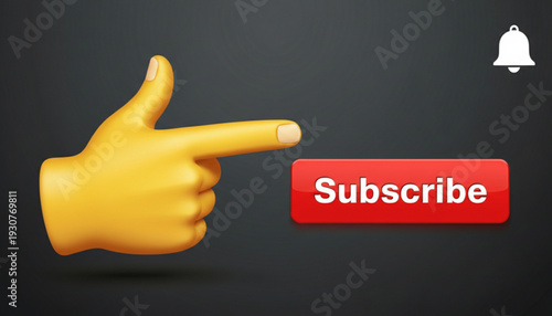3D hand pointing to red subscribe button with notification bell