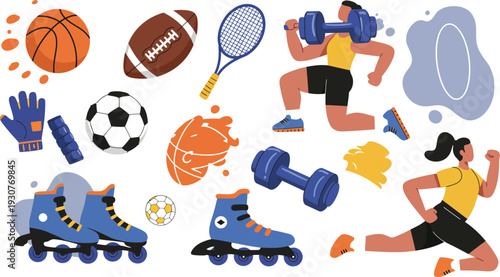 Collection of various sports equipment and athletes in action illustration