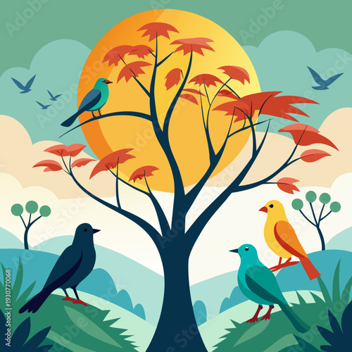 Vibrant birds perched on tree branches during colorful autumn sunset