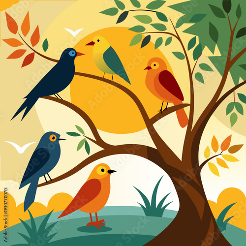 Colorful birds perched on tree branches in sunny landscape