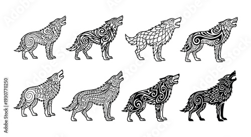 Intricate black and white illustration of howling wolves in various poses