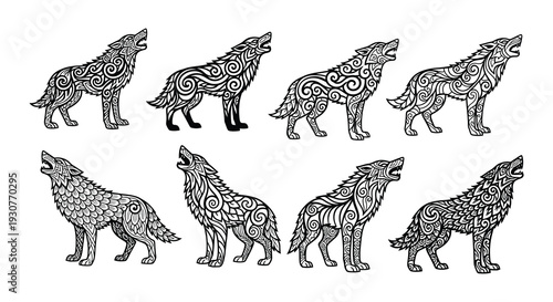 Intricate black and white illustration of howling wolves in various poses