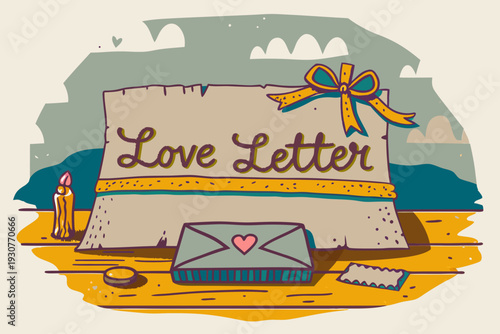 Love letter with heart and ribbon on table