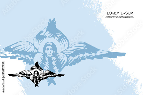 Religious vintage poster template with a seraphim. Christian illustration in Byzantine style
