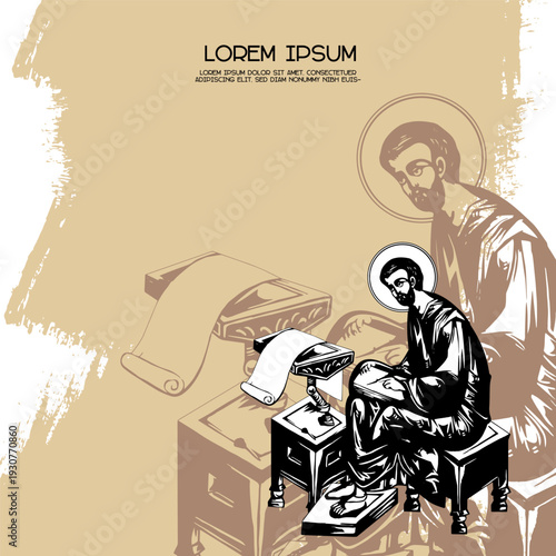 Religious vintage poster template with Apostle Luke. Christian illustration in Byzantine style