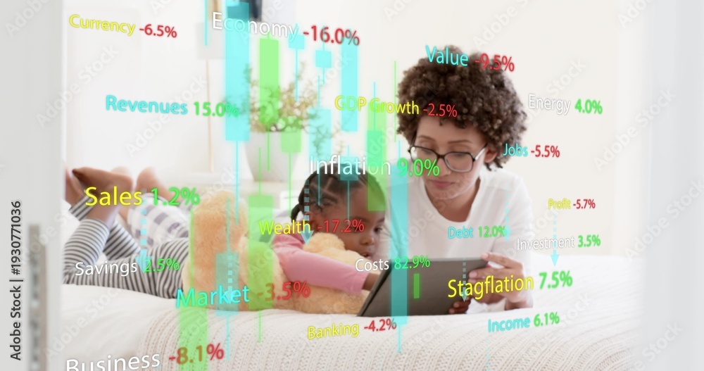 Fototapeta premium Watching mom wearing glasses white-tee, daughter pink-top on bed viewing tablet with teddy HUD