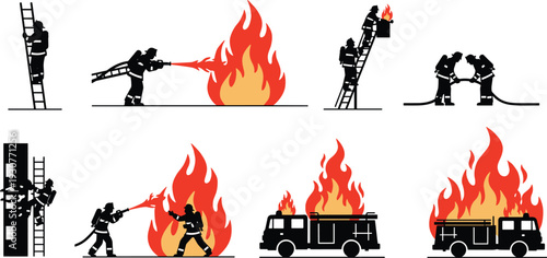 Firefighters battling flames with ladders trucks and hoses