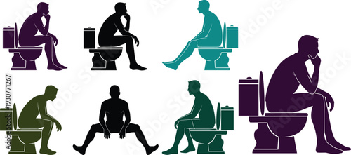 Man sitting on toilet silhouette set, bathroom hygiene concept flat vector illustration, human posture collection isolated modern graphic design