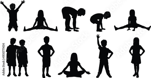 Black and white vector silhouettes of diverse children playing exercising and practicing yoga poses isolated on white background for childhood and education concepts.