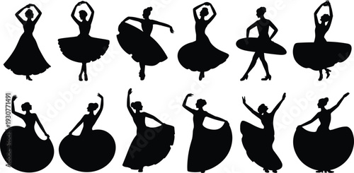 Black and white vector silhouettes of beautiful female dancers in various elegant poses wearing long dresses isolated on white background for performing arts design.