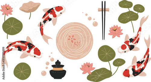 Koi fish swim among lily pads and flowers in a serene pond environment with a japanese stone lantern