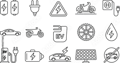 Vector line icons set of electric vehicles charging stations solar panels batteries and green energy symbols isolated on white background for sustainable transportation concept.