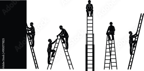Black silhouettes of workers climbing ladders construction