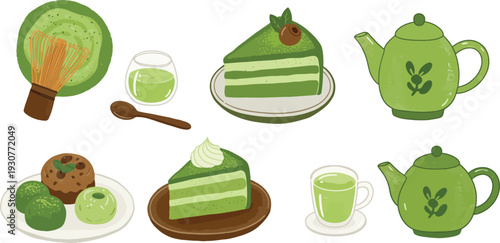 Green tea desserts and tea set illustrations in a variety of shapes and dishes on a white background