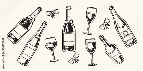 Elegant line art illustration featuring champagne bottles glasses and bows