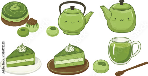 Matcha green tea desserts and tea sets on white background
