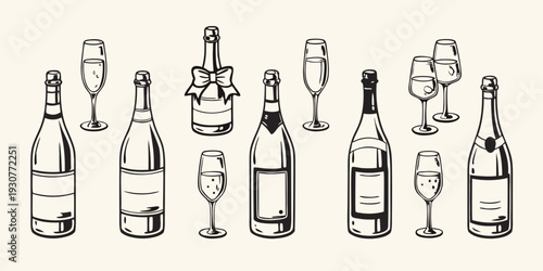 A collection of champagne bottles and glasses in a linear style