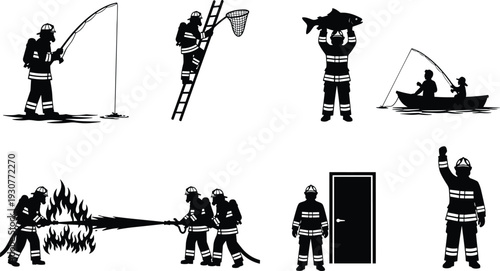 Firefighters in various actions with fishing and firefighting scenes firemen rescue