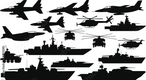 Black and white vector silhouettes of diverse professional people, military vehicles, aircraft, tropical resort buildings, and technical fashion apparel templates for apparel design projects.