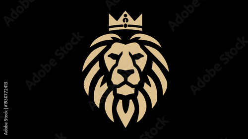 Majestic golden crowned lion head emblem on black background. Symbol of strength, royalty, power, leadership, and luxury.
