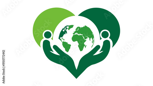 Global environmental protection concept with hands holding Earth and abstract people within a green heart shape, symbolizing sustainability and community.