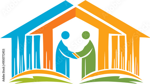 Collaborative Real Estate Partnership Icon: Handshake Between Two Figures within Stylized Home Silhouettes, Symbolizing Community