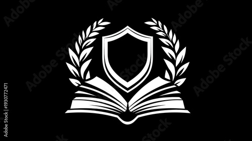 Secure Education Emblem: Open Book, Protective Shield, and Laurel Wreath Logo for Academic Achievement and Knowledge