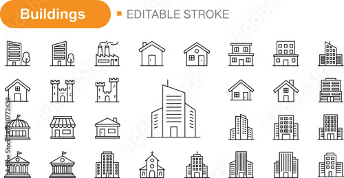 Real Estate and Architecture Line Icon Set Featuring Residential Houses Modern Skyscrapers Industrial Factories Government Buildings Castles Churches and Urban Construction Vector Icons