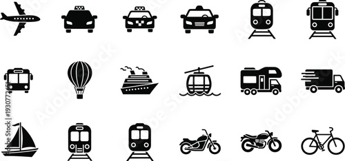 Transportation and Vehicle Solid Silhouette Icon Set Featuring Airplane Taxi Train Bus Ship Motorcycle Bicycle Delivery Truck Caravan and Public Transit Logistics Vector Icons