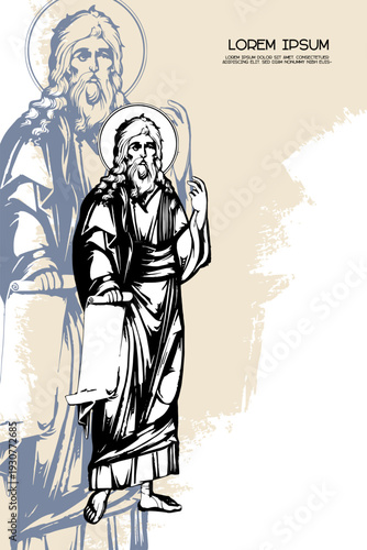 Religious vintage poster template with Jeremiah weeping prophet. Christian illustration in Byzantine style