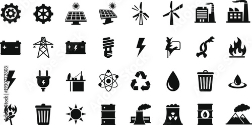 Industrial Energy and Environment Icon Set Featuring Solar Panels Wind Turbines Factories Power Grids Batteries Recycling Symbols Nuclear Power Oil Barrels